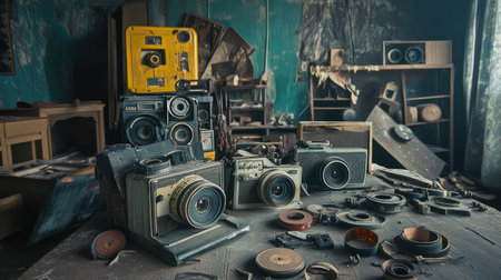 Discover a beautiful display of antique cameras and vintage photography equipment on a rustic table, surrounded by the charm of an abandoned room filled with history.の素材