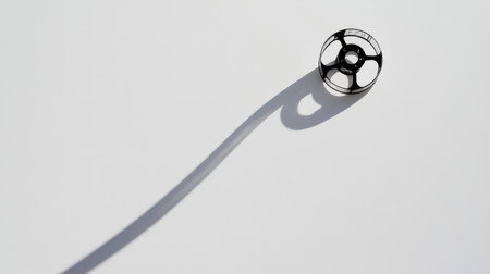 This striking image features a vintage film reel casting a long shadow on a clean white surface, symbolizing nostalgia and creativity in cinema and artistic endeavors.の素材