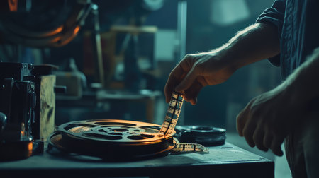 A film enthusiast delicately handles a vintage film reel in a moody workshop, showcasing the beauty of analog film, craftsmanship, and the art of classic cinema.の素材