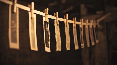 A collection of vintage saw blades hanging on a clothesline in a dim workshop creates a warm, nostalgic atmosphere, showcasing the artistry of tools and craftsmanship.の素材