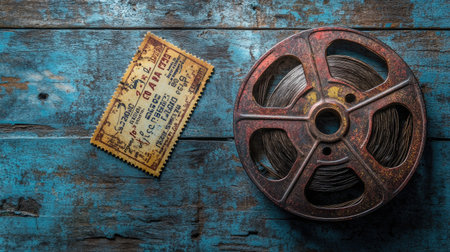 A vintage film reel alongside an old ticket captures the essence of storytelling and cinema on a rustic wooden surface, evoking nostalgic feelings of classic films and memories.の素材