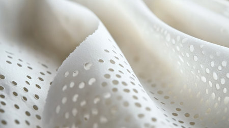 A beautiful close-up of white fabric featuring intricate perforations, showcasing a unique texture and pattern ideal for use in fashion, interior design, and textile projects.の素材