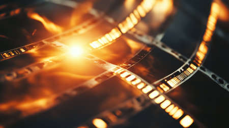 Explore an abstract cinematic background featuring glowing film strips that create a stunning visual experience filled with light and vibrant energy perfect for creative media projects.の素材