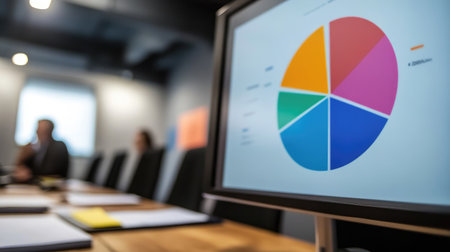 A vibrant pie chart displayed on a monitor captures attention in a modern conference room where professionals engage in a collaborative project discussion.の素材
