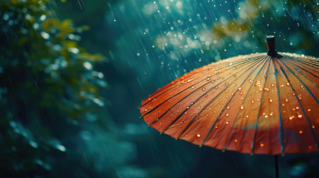 A striking red umbrella stands out against a backdrop of rain-soaked woodland, droplets clinging to its surface, evoking a sense of peace and introspection.の素材