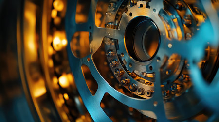 Explore the intricate details of a mechanical component showcasing a shiny metallic surface, beautifully illuminated with warm light, perfect for technology and engineering themes.の素材