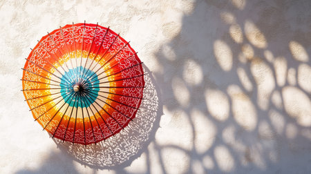 A bright parasol in red and orange hangs against a neutral wall, creating a stunning visual with its intricate shadows and vibrant colors that evoke warmth and creativity.の素材