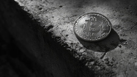 A captivating black and white image showcasing a Bitcoin coin resting on a textured concrete surface, symbolizing the blend of digital currency and modern financial trends.の素材