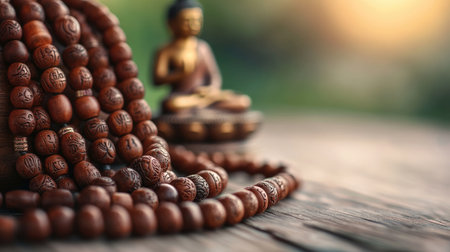 A tranquil scene featuring intricately carved wooden prayer beads and a serene Buddha statue on a rustic table in nature, promoting mindfulness and relaxation.の素材