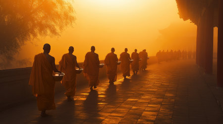 A tranquil scene of monks in traditional robes walking in a line during dawn, collecting alms in a misty atmosphere, embodying peace and spirituality in a Buddhist tradition.の素材