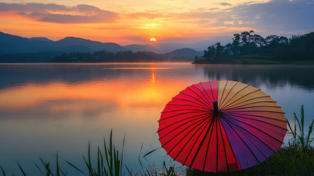 A vibrant sunset casts beautiful reflections over a calm lake, featuring a colorful umbrella resting on the shore, creating a scene of pure tranquility and natural beauty.の素材