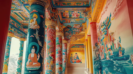 Explore the stunning interior of a temple adorned with vibrant colors and intricate murals, showcasing rich cultural and spiritual heritage amid a peaceful atmosphere.の素材