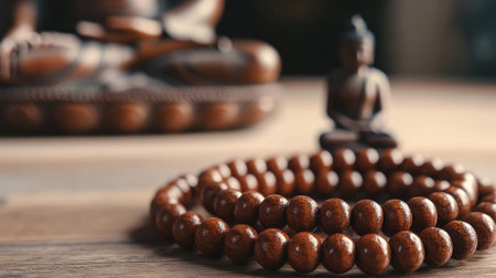 A beautifully crafted wooden mala necklace rests on a table, symbolizing meditation and spirituality, paired with a serene Buddha statue, creating a tranquil atmosphere.の素材