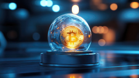 A stunning visual of a glowing Bitcoin in a glass sphere, representing the future of money and finance, showcasing the concept of digital currency and investment opportunities.の素材