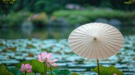A serene scene featuring a traditional umbrella beside a beautiful lotus pond with delicate pink flowers, evoking tranquility and natural beauty in a stunning landscape.の素材