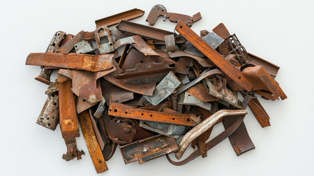 A detailed collection of rusty metal scraps showcasing various shapes and textures, ideal for themes of decay, industrial design, and artistic projects emphasizing vintage aesthetics.の素材