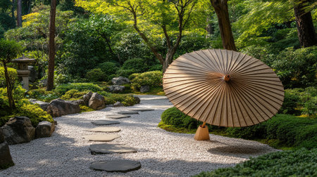 A serene Japanese garden featuring a traditional wooden umbrella, stone pathway, and lush greenery, creating a peaceful atmosphere for meditation and relaxation.の素材