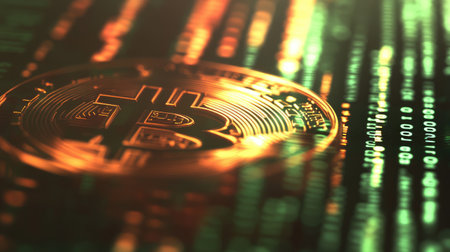 This stunning image features a detailed close-up of a Bitcoin coin amidst a backdrop of luminous digital code, symbolizing the innovation and excitement of cryptocurrency and blockchain advancements.の素材