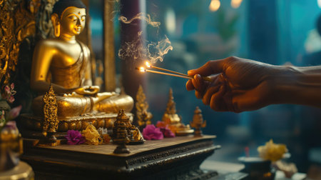 A serene scene captures a hand lighting incense before a golden Buddha statue, embodying spirituality and tranquility in a peaceful temple atmosphere.の素材