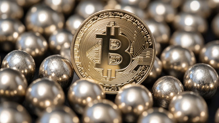 A striking golden Bitcoin stands proudly amid a sea of silver metallic balls, symbolizing the intersection of traditional wealth and modern digital currency in today's financial landscape.の素材