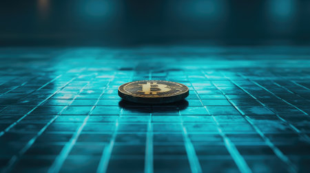 A captivating Bitcoin coin on a shimmering surface, symbolizing the growing influence of digital currency and its transformative effect on modern finance and investment opportunities.の素材