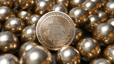 This striking image features a golden Bitcoin surrounded by shiny metallic spheres, representing the intersection of traditional finance and digital currency, highlighting investment potential.の素材