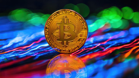 A stunning golden Bitcoin coin shines against a vibrant, colorful LED background, reflecting modern financial concepts and the world of digital currency in a captivating manner.の素材