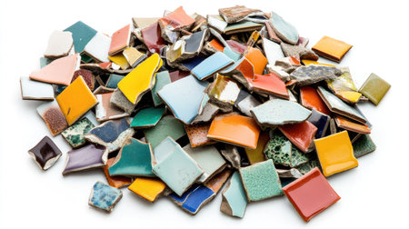 A vibrant collection of broken ceramic pieces showcasing an array of colors and textures, perfect for artistic projects, crafts, and abstract designs.の素材
