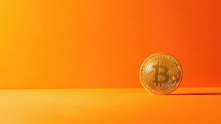 A stunning golden Bitcoin coin rests on a bright orange background, embodying the essence of modern finance and the rise of cryptocurrency markets in today's economic landscape.の素材