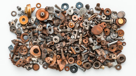 A diverse assortment of old metal parts and fasteners spread across a white surface. Ideal for industrial themes, creative projects, or to represent mechanics and engineering.の素材