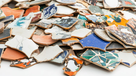 A vibrant assortment of broken tile fragments showcasing diverse colors and patterns, perfect for art projects, design inspiration, or creative decorations.の素材