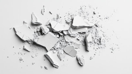 Broken white plaster pieces scattered on a light surface create an abstract composition ideal for artistic projects, design elements, and creative backgrounds.の素材