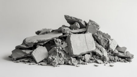 A large pile of broken concrete debris against a light background, perfect for projects focusing on urban decay, construction waste, and industrial materials.の素材