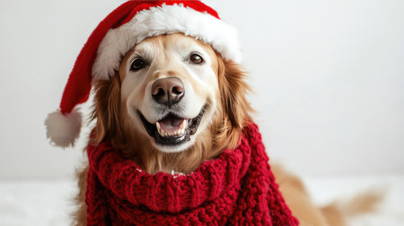 Adorable golden retriever dressed in a festive Santa hat and a cozy red scarf, radiating joy against a light background, perfect for holiday cheer and celebrations.の素材