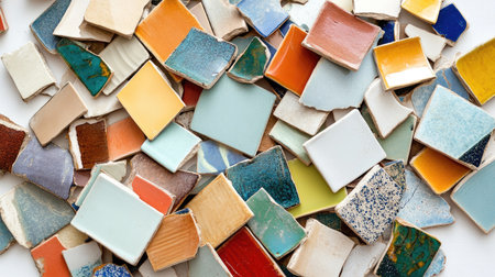 A vibrant collection of assorted broken ceramic tiles showcasing diverse colors and patterns, perfect for inspiring creativity and artistic projects in various design styles.の素材