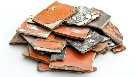 Explore a visually striking composition of old, worn ceramic tiles showcasing diverse colors and patterns, ideal for design inspiration or art projects.の素材
