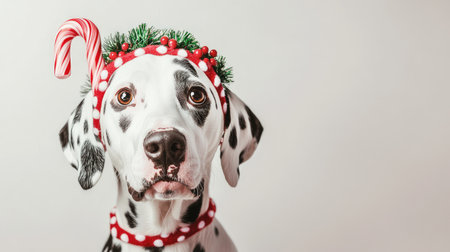 This adorable Dalmatian dog sports a cheerful Christmas outfit with festive accessories, capturing the essence of holiday joy and playful spirit in a simple studio backdrop.の素材
