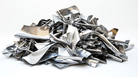A large pile of shiny silver metal shavings displayed on a clean white background, perfect for fostering creativity in design or illustrating recycling and industrial concepts.の素材