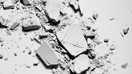 Close-up view of crumbled white plaster and fine dust scattered on a light background, ideal for use in artistic designs, textures, backgrounds, and creative projects.の素材