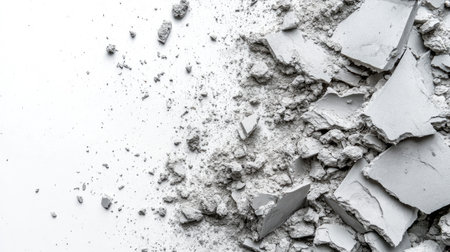 A close-up view of crumbled gray cement fragments with fine dust on a clean white surface, creating a minimalistic and modern background ideal for creative and industrial projects.の素材