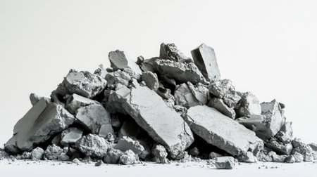 This image showcases a chaotic pile of crushed concrete debris against a light background, illustrating the raw texture and structural elements commonly found in construction sites.の素材