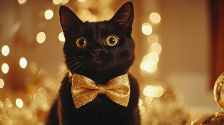 A delightful black cat with striking eyes dons a glittery golden bow tie, creating a charming scene filled with warm holiday lights and festive decorations.の素材