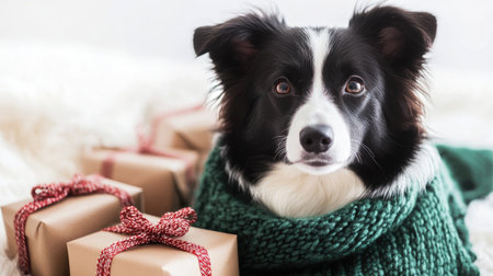 Charming dog in a green sweater surrounded by holiday gifts, embodying warmth and joy of season. Ideal for festive pet themes, celebrations, and cute animal photography.の素材