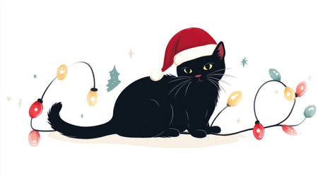Adorable black cat wearing a Santa hat surrounded by colorful lights brings festive charm and warmth, perfect for holiday cards, decorations, and seasonal celebrations.の素材