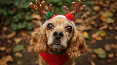 A charming cocker spaniel adorned with festive antlers and a Christmas hat, set against a backdrop of colorful autumn leaves, radiating joy and holiday spirit.の素材