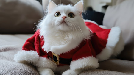 This charming image features a fluffy white cat wearing a festive red Santa outfit, relaxing comfortably on a cozy couch, perfect for evoking holiday cheer and warmth.の素材
