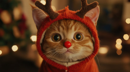This charming image captures a ginger cat in a festive reindeer costume, complete with antlers and a red nose, set against a backdrop of holiday lights.の素材