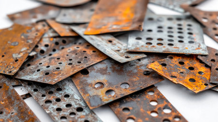 A captivating close-up image of rusty metal scraps showcasing intricate textures and various holes, perfect for projects involving industrial decay and scrap metal themes.の素材