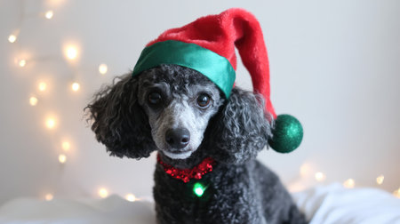 This delightful image showcases an adorable poodle wearing a festive Santa hat and necklace, perfectly capturing the spirit of the holiday season with twinkling lights.の素材
