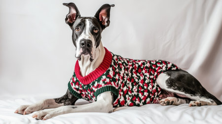 A delightful Great Dane dressed in a colorful holiday sweater lies on a soft white surface, exuding warmth and charm, ideal for festive-themed projects or promotions.の素材
